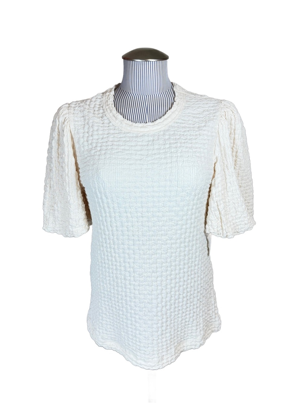 NWT Karen Kane Med Top Cream Textured Puff-Sleeve Tee, M stretch bubble fabric